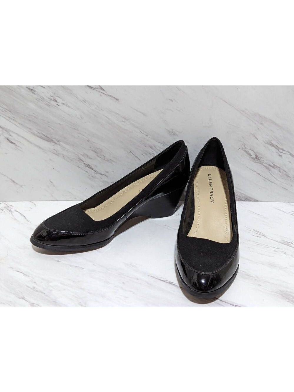Ellen Tracy Women's Black Reagan Patent Leather Fabric 2.5" Wedge Heel Size 8M